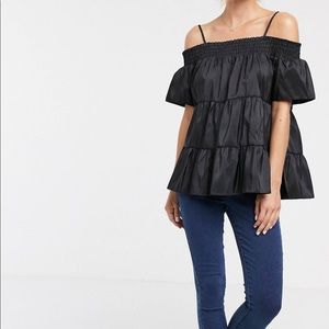 Black off the shoulder tiered blouse - satin look